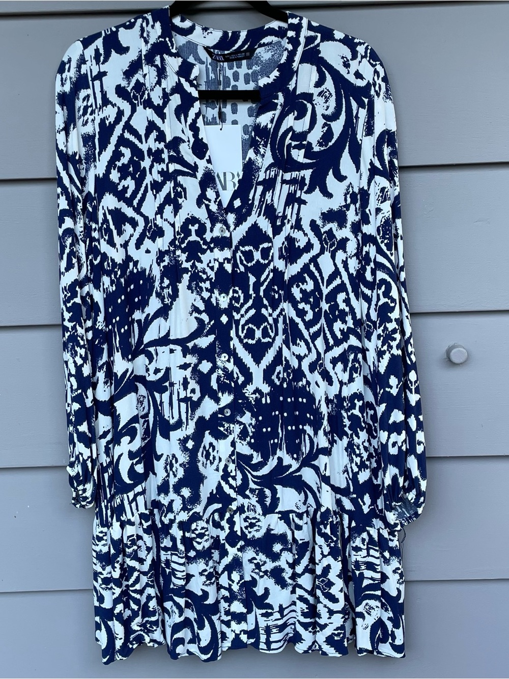 Zara White/Navy Blue Geometric Shift Dress Ruffle Accent V-Neck Boho Chic Size L